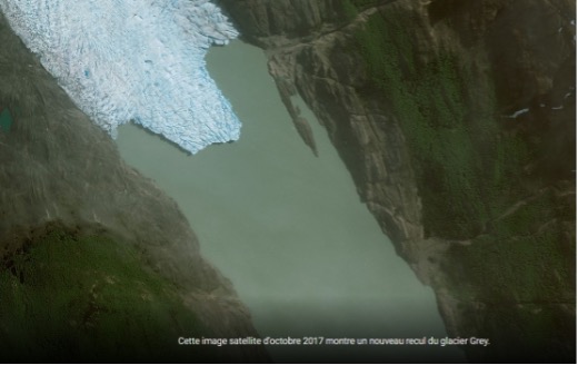 Recul du Glacier Grey au Chili au sud de la Patagonie en 2017.