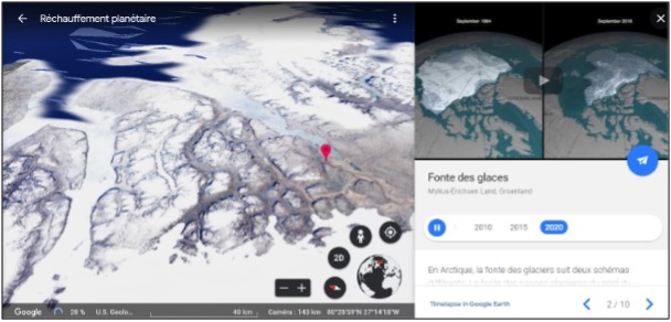 Fonte des glaces au Groenland visible grâce à Google Earth de 1984 à 2016.
