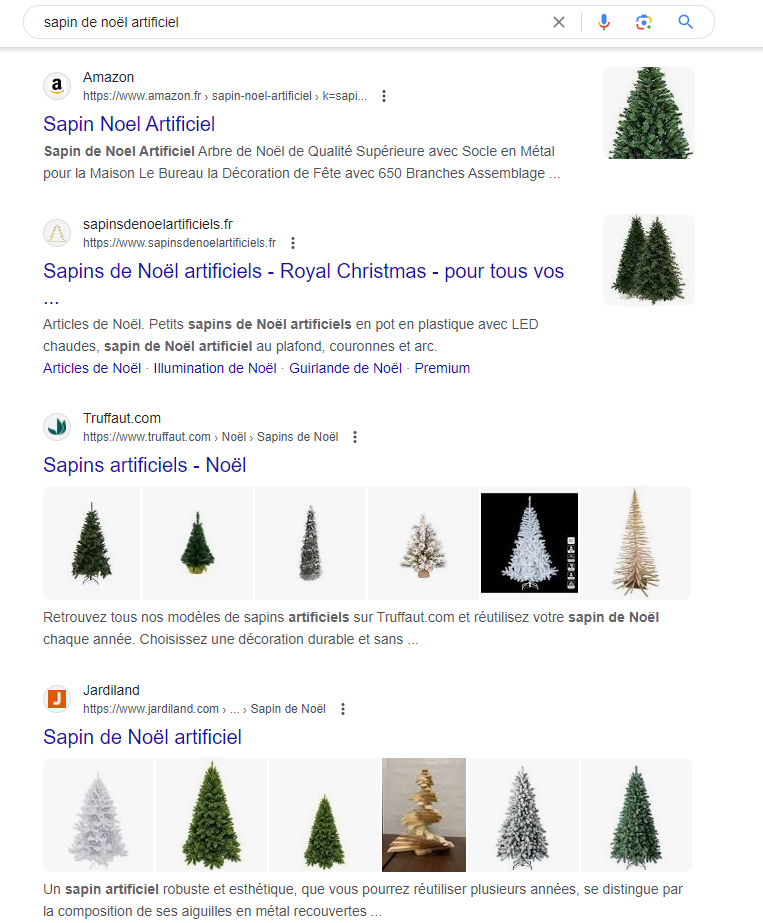 SERP Google sur "sapin de Noël artificiel"